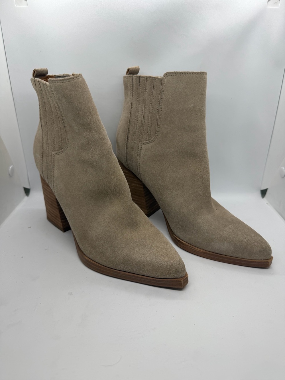 Marc Fisher Taupe Suede Pointed Toe Ankle Booties